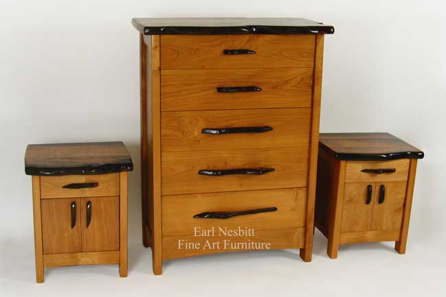 custom made wood dresser with both custom nightstands showing mesquite sculpted drawer pulls